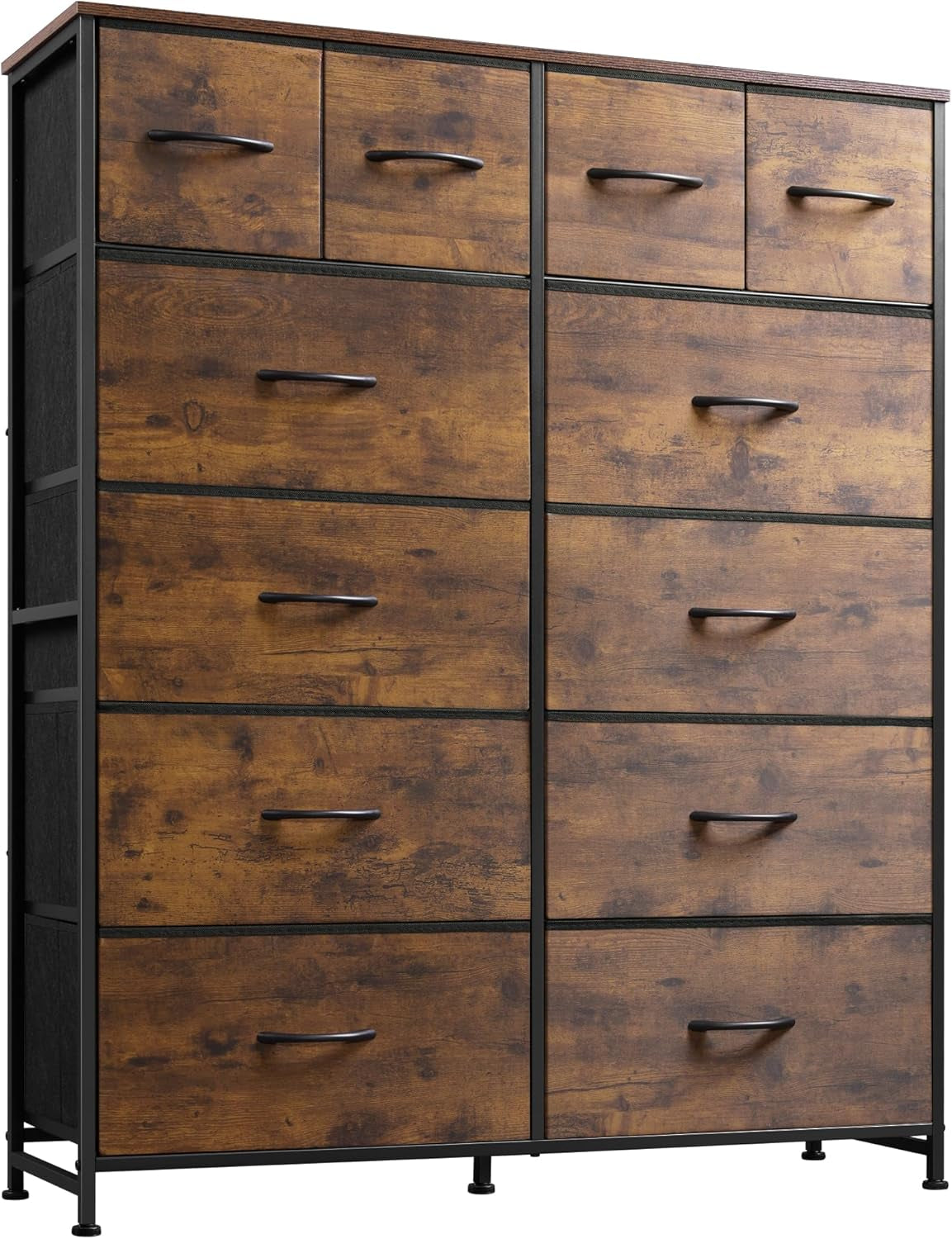 Tall Dresser for Bedroom with 12 Drawers, Dressers & Chests of Drawers, Fabric Dressers for Closet, Storage Dresser Organizer with Steel Frame, Wood Top, Rustic Brown Wood Grain Print