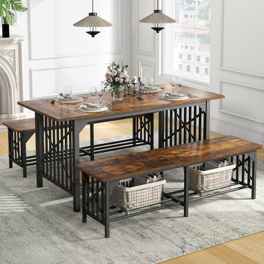 3-Piece Dining Table Set for 4-6 People, 63" Dining Room Table with 2 Benches, Industrial Rectangular Dining Room Table Set with Storage for Kitchen, Dining Room, Washed Grey