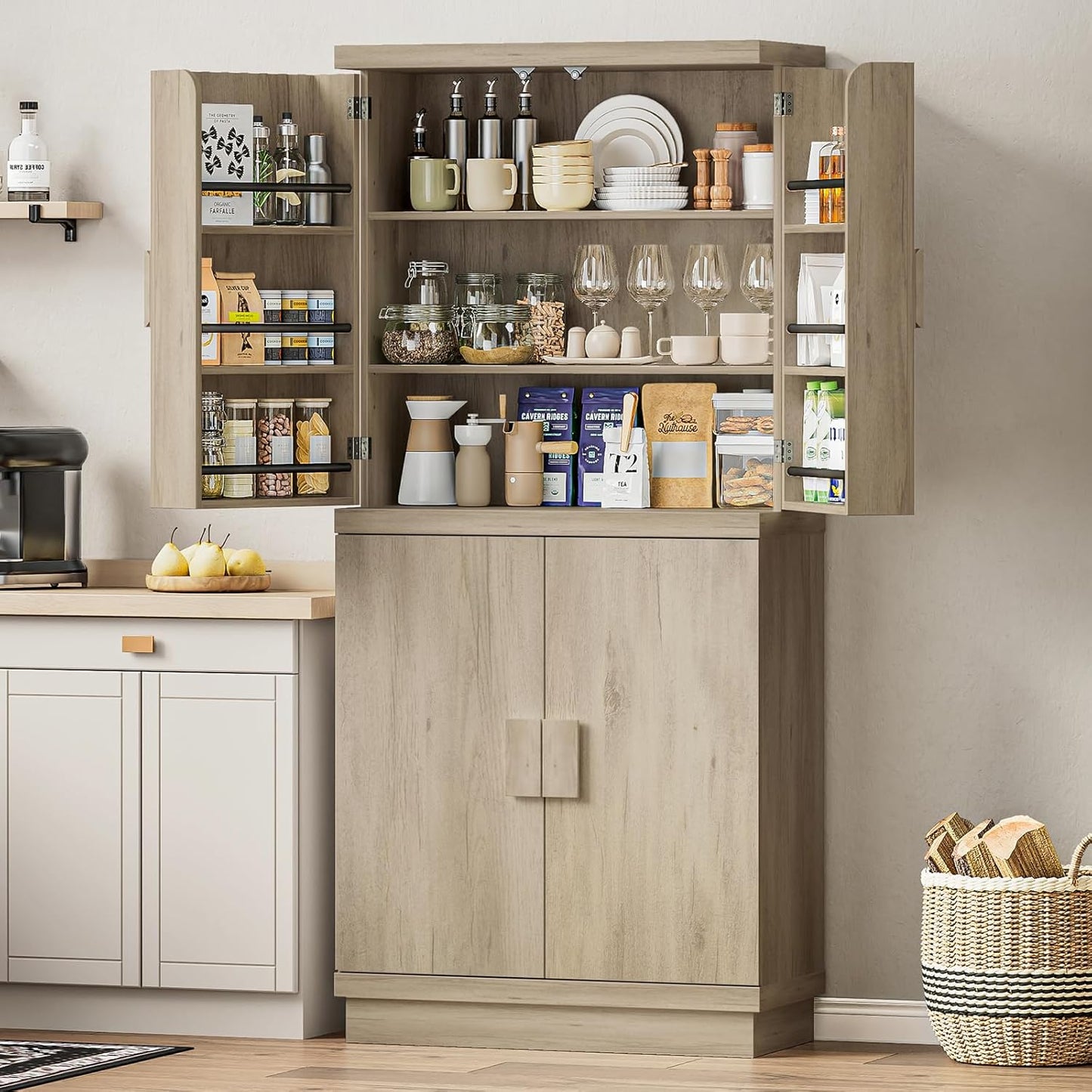 71" Tall Kitchen Pantry Cabinet, Pantry Storage Cabinet with 6 Door Shelves, Hidden Drawer and Adjustable Shelf, Freestanding Rustic Wood Pantry for Kitchen, Dining Room (Grey Oak)