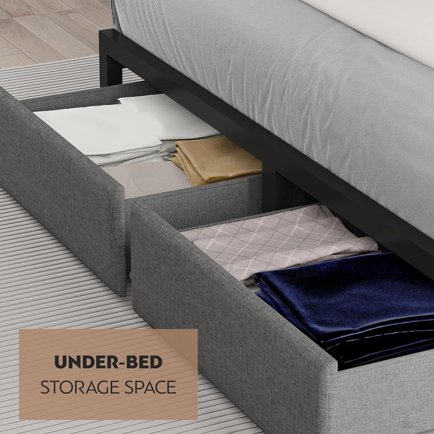 Queen Size Bed Frame with Headboard and Storage, Drawers Platform Bed Frame with Storage Chargin Station LED Light Bedframe, Heavy Duty, No Box Spring Needed