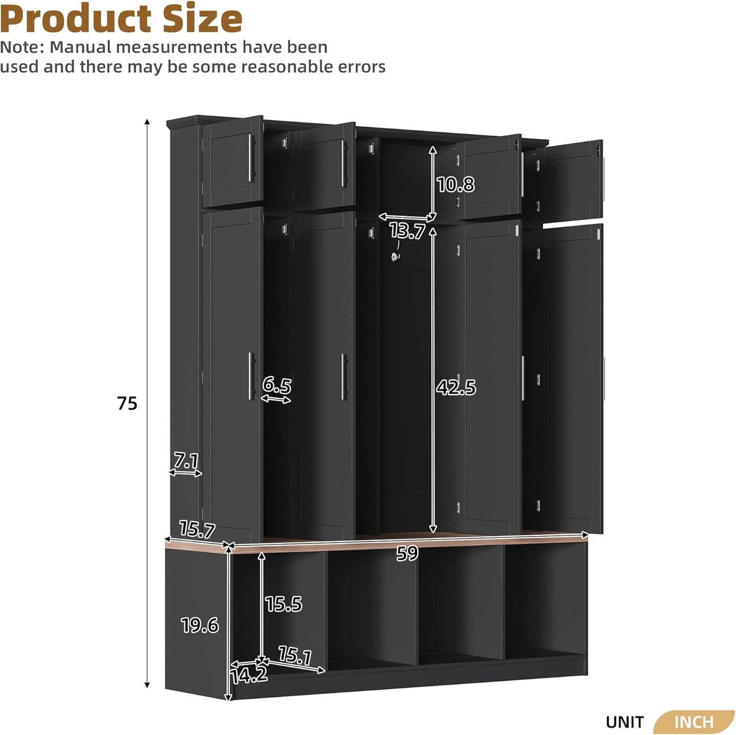 Hall Tree with Entryway Bench and Shoe Cabinet, Multi-Functional Seating Bench with 4 Hanging Hooks and 8 Doors, Black