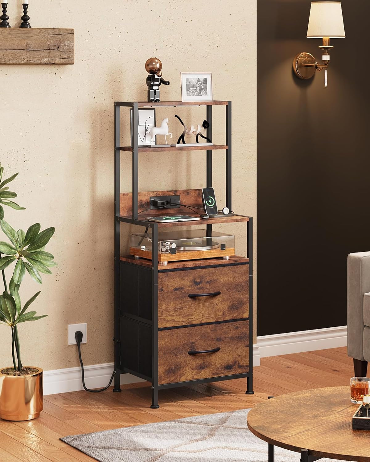 Nightstand with Charging Station, LED Night Stand with 2 Drawers and 4 Storage Open Shelves, Fabric Dresser for Bedroom, Rustic Brown