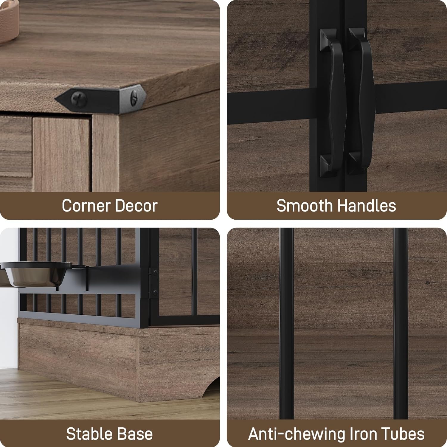 Dog Crate Furniture, 35 Inch Dog Kennel Indoor Furniture with Storage Drawers Rustic Pet Cage End Table with 2 Adjustable Bowls for Small/Medium/Large Dogs