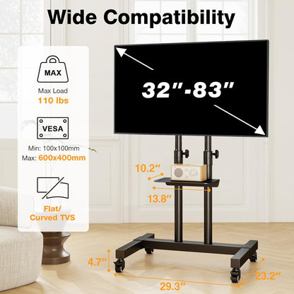 Mobile TV Stand Rolling TV Cart Floor Stand with Mount on Lockable Wheels Height Adjustable for 32-83 Inch TV Stand Flat Screen or Curved Tvs Monitors Display Trolley Loading 110 Lbs