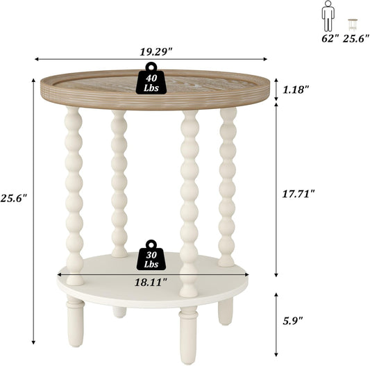 round End Table, Rustic Farmhouse Side Table with Storage Shelf, 2-Tier French Country Nightstand for Living Room Bedroom Small Space, Natural Tray Top and Vintage White Spindle Legs