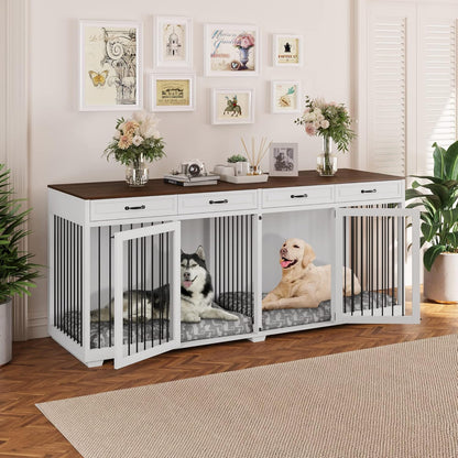 Dog Crate Furniture, 72.4 Inch Indoor Wooden Dog Kennel Cage House, Modern Decorative End Table with Double Doors, Drawers, Divider, for Large Medium Breeds, Black