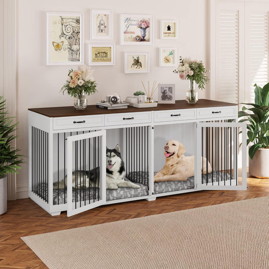 Dog Crate Furniture, 72.4 Inch Indoor Wooden Dog Kennel Cage House, Modern Decorative End Table with Double Doors, Drawers, Divider, for Large Medium Breeds, Black
