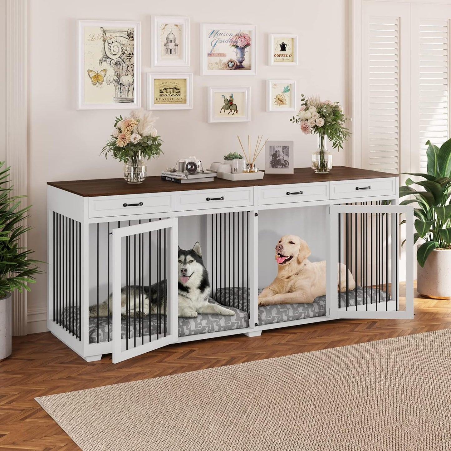 64.6" Large Double Dog Crate Furniture, Wooden Dog Crate Kennel Furniture with Divider and 2 Drawers, Dog Crates Furniture for 2 Small Dogs or Medium Dog, Black