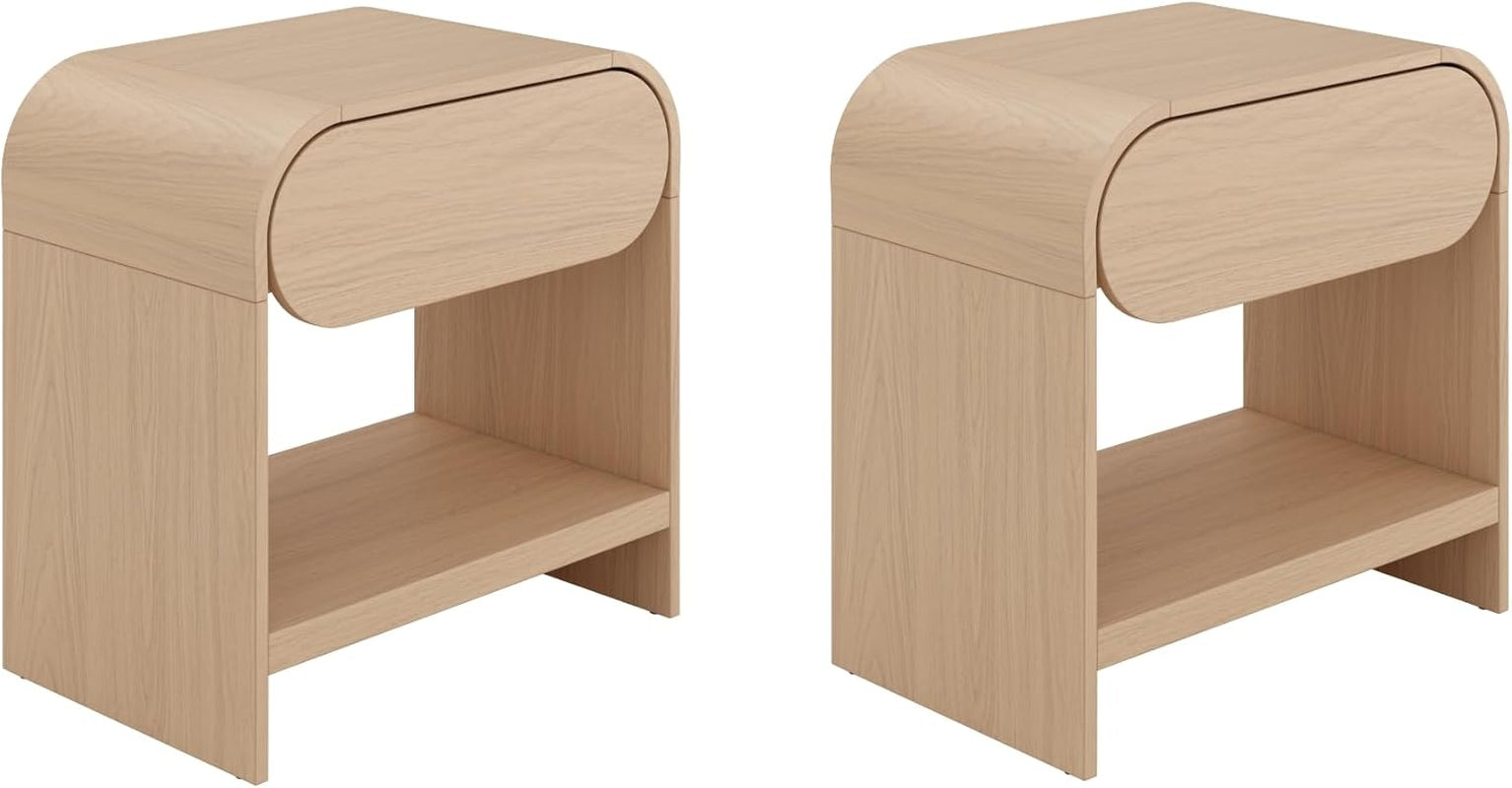 Iris Mid-Century Modern Nightstand with Drawer, End Table with Storage for Bedroom or Living Room with Rounded Silhouette, Light Oak Set of 2