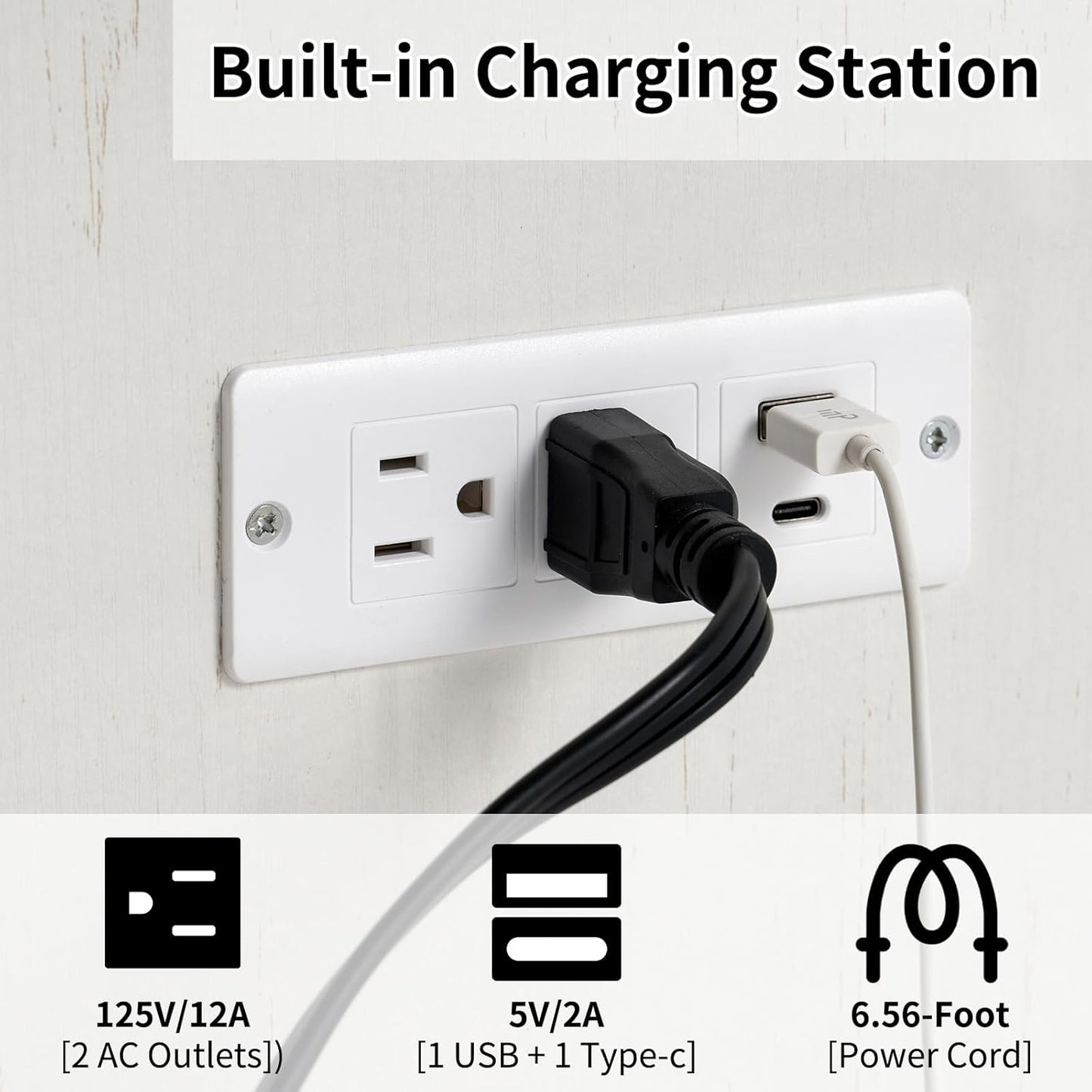 Murphy Bed with Charging Station, Queen Size Cabinet Bed with Large Storage Drawer for Home Office or Small Room, Hideaway Full Foldable Platform Bed, White