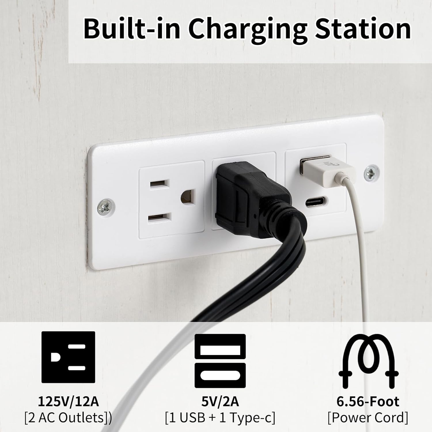 Murphy Bed with Charging Station, Queen Size Cabinet Bed with Large Storage Drawer for Home Office or Small Room, Hideaway Full Foldable Platform Bed, White