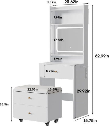 Make up Vanity Desk with Mirror and Lights, White Vanity Table Set with Charger Station,Girls Small Vanity and Storage Chair