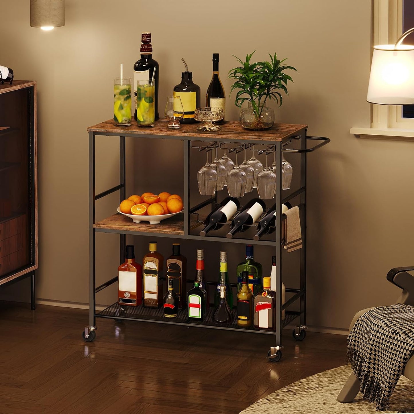 Bar Cart for the Home, 29.5 Inches 3-Tier Serving Cart with Wheels, Rolling Kitchen Cart with Wine Rack and Glass Holder for Living Room, Party, Bar, Rustic Brown and Black BF21TC01G1