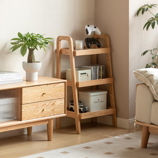 100% Solid Oak Sofa Table - Versatile Design Narrow End Table with 3-Tier Open Storage for Living Room, Bedroom, or Small Spaces - Ladder Shelf for Study (Natural)