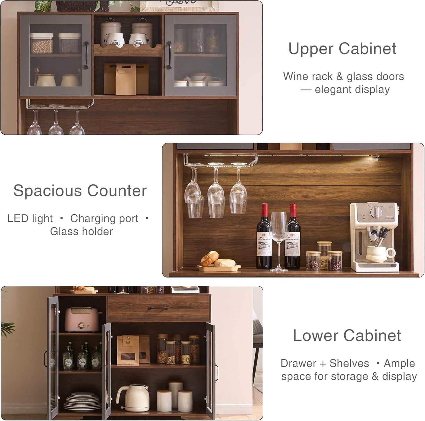 71" Tall Pantry Cabinet, Coffee Bar Storage Cabinet with Charging Station & LED Lights, Kitchen Hutch Food Pantry Cabinet with Wine Rack, Large Drawer, Adjustable Shelves & Microwave Stand, Brown | Coffee Bar, Liquor Cabinet, Power Outlet, LED Lights, Food Pantry, Microwave Stand