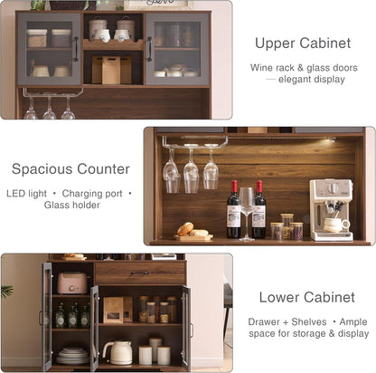 71" Tall Pantry Cabinet, Coffee Bar Storage Cabinet with Charging Station & LED Lights, Kitchen Hutch Food Pantry Cabinet with Wine Rack, Large Drawer, Adjustable Shelves & Microwave Stand, Brown | Coffee Bar, Liquor Cabinet, Power Outlet, LED Lights, Food Pantry, Microwave Stand