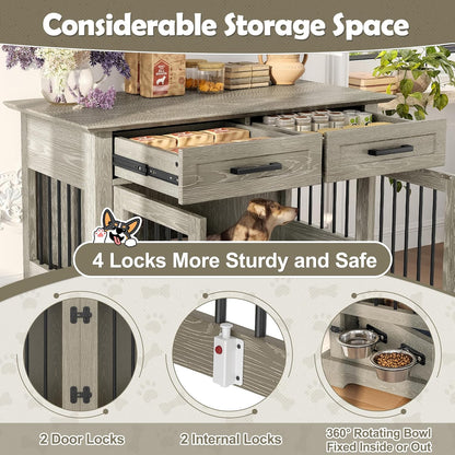 44.48" Large Dog Crate, 3-In-1 Wooden Dogs Crate End Table TV Stand Furniture with 2 Storage Drawers and Rotating Bowls, Decorative Pet House Dog Crates for Small/Medium Dogs, Gray