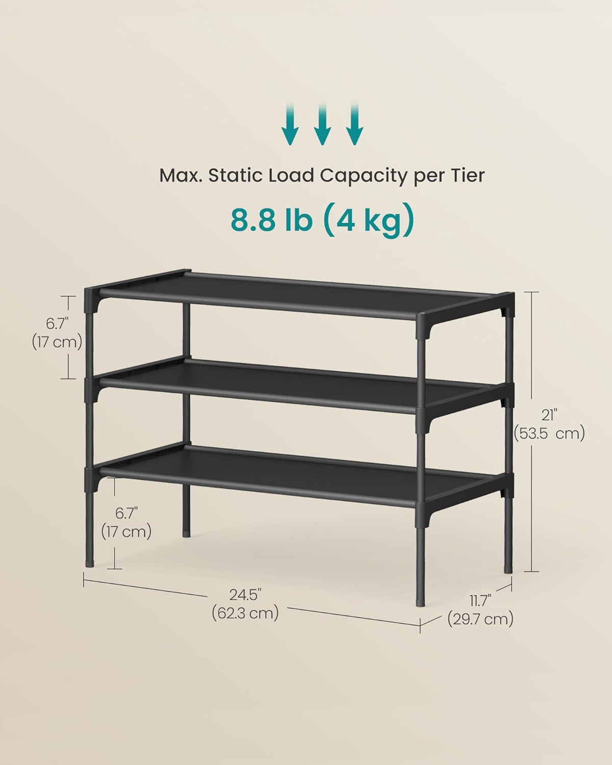 Shoe Rack, 3-Tier Shoe Storage Organizer, Space-Saving, 11.7 X 24.5 X 21 Inches, Entryway, Metal Frame, Non-Woven Fabric Shelves, Ink Black ULSH023BH01