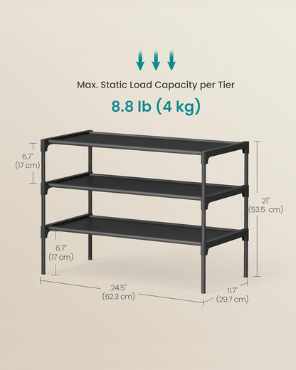 Shoe Rack, 3-Tier Shoe Storage Organizer, Space-Saving, 11.7 X 24.5 X 21 Inches, Entryway, Metal Frame, Non-Woven Fabric Shelves, Ink Black ULSH023BH01