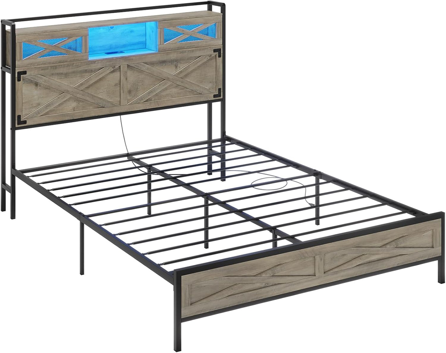 Queen Bed Frame with Storage Headboard, Platform Bed Queen Size with Charging Station and LED Lights, Farmhouse Rustic Bed with Sliding Barn Door, Rustic Oak