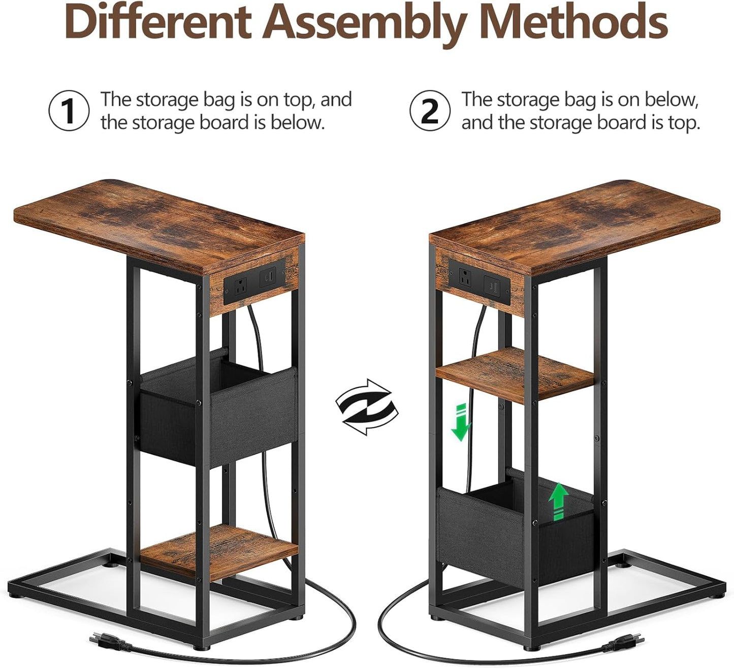 C Shaped End Table with Charging Station, Small Side Table for Couch Recliner, Slide under Sofa Desk Snack Tables with Storage Bag & AC / USB Outlet, Small Spaces Drink Tables for Living Room, Bedroom