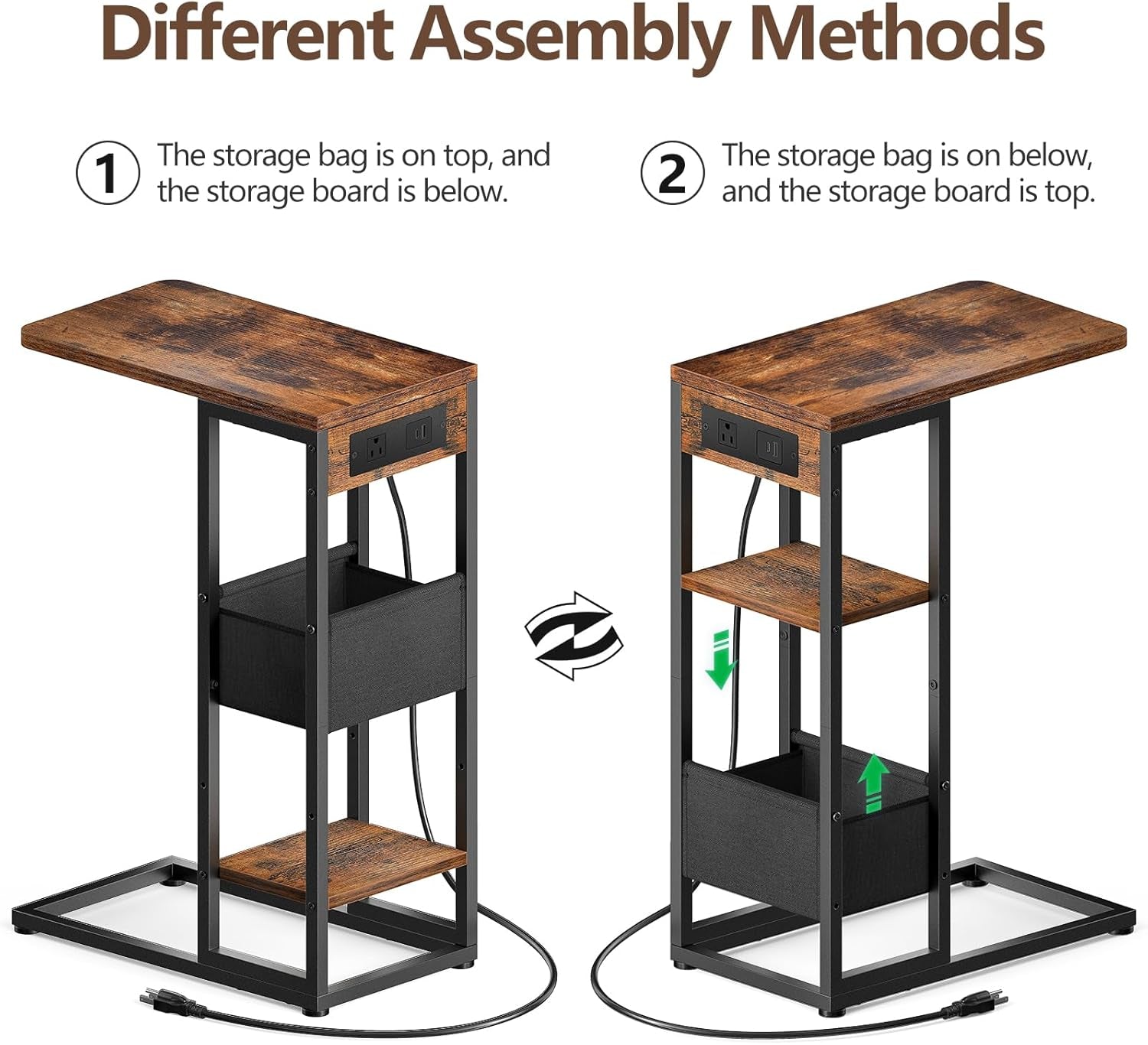 C Shaped End Table with Charging Station, Small Side Table for Couch Recliner, Slide under Sofa Desk Snack Tables with Storage Bag & AC / USB Outlet, Small Spaces Drink Tables for Living Room, Bedroom