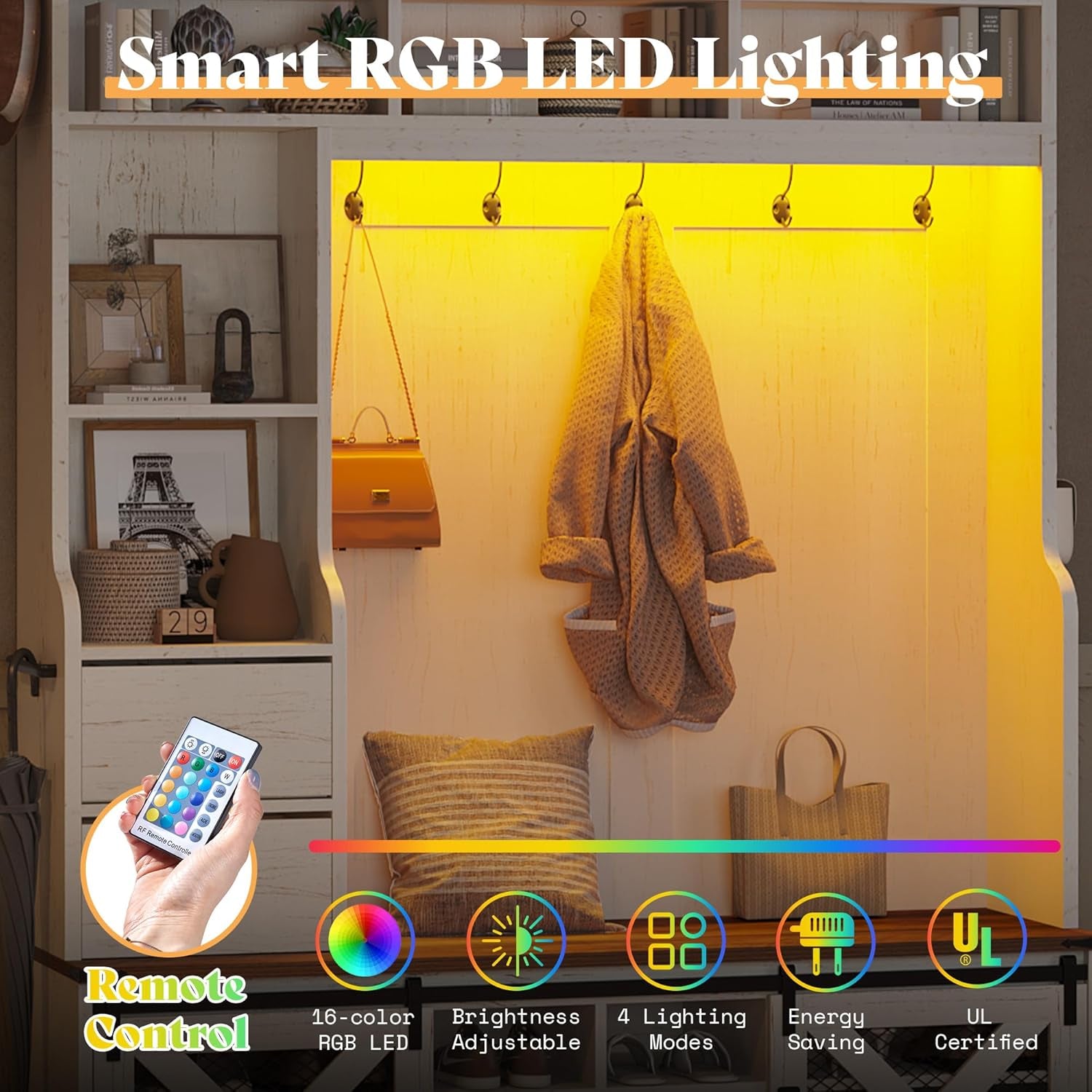 7-In-1 Farmhouse Hall Tree with Bench and Shoe Cabinet, LED Entryway Organizer with 2 Drawers, 12 Shoe Cubbies & Barn Doors, 7 Coat Racks with Shoe Storage, Rustic White