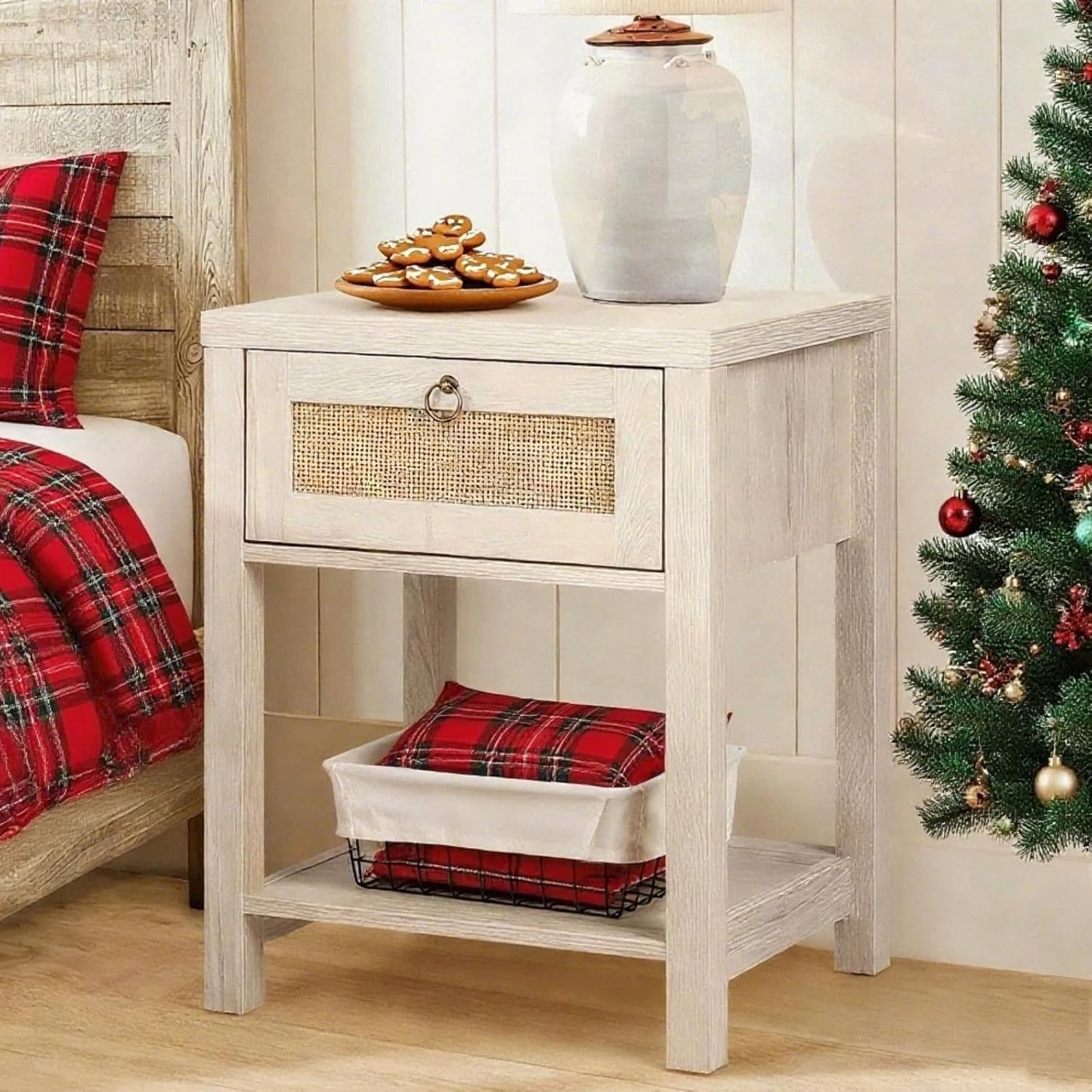 Rattan Nightstands Set of 2 - Farmhouse Bedside Table Night Stand with Drawer and Storage Shelf, Boho End Side Table for Bedroom, Mesitas De Noche Para Dormitorio, Light Oak