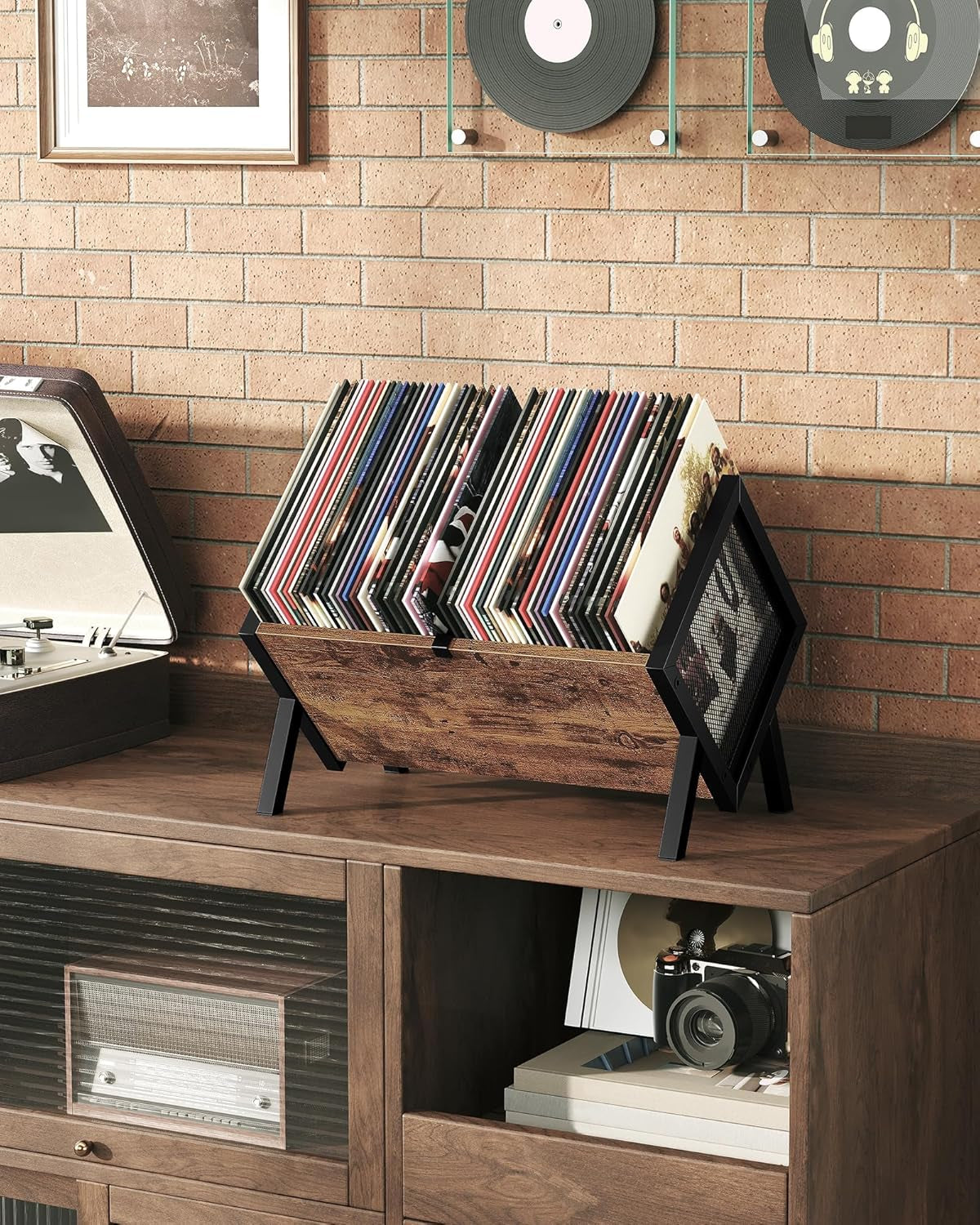 Vinyl Record Holder, Vinyl Record Storage Rack, Album Display Rack, Versatile Storage Shelf, Album Organizer, for Magazine, Files, Book, Rustic Brown Black TCW01BF