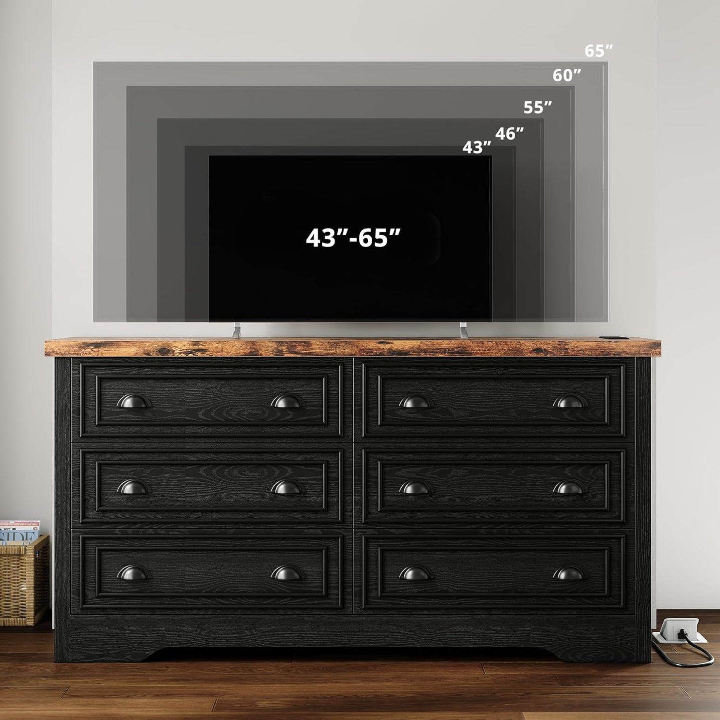 Farmhouse Bedroom Set, Power Strip, 4 Pieces Bedroom Furniture Set, 5 Drawer Dresser & 6 Drawer Dresser and 2 Nightstands, Chest of Drawers Wide Storage Cabinet for Bedroom, Black