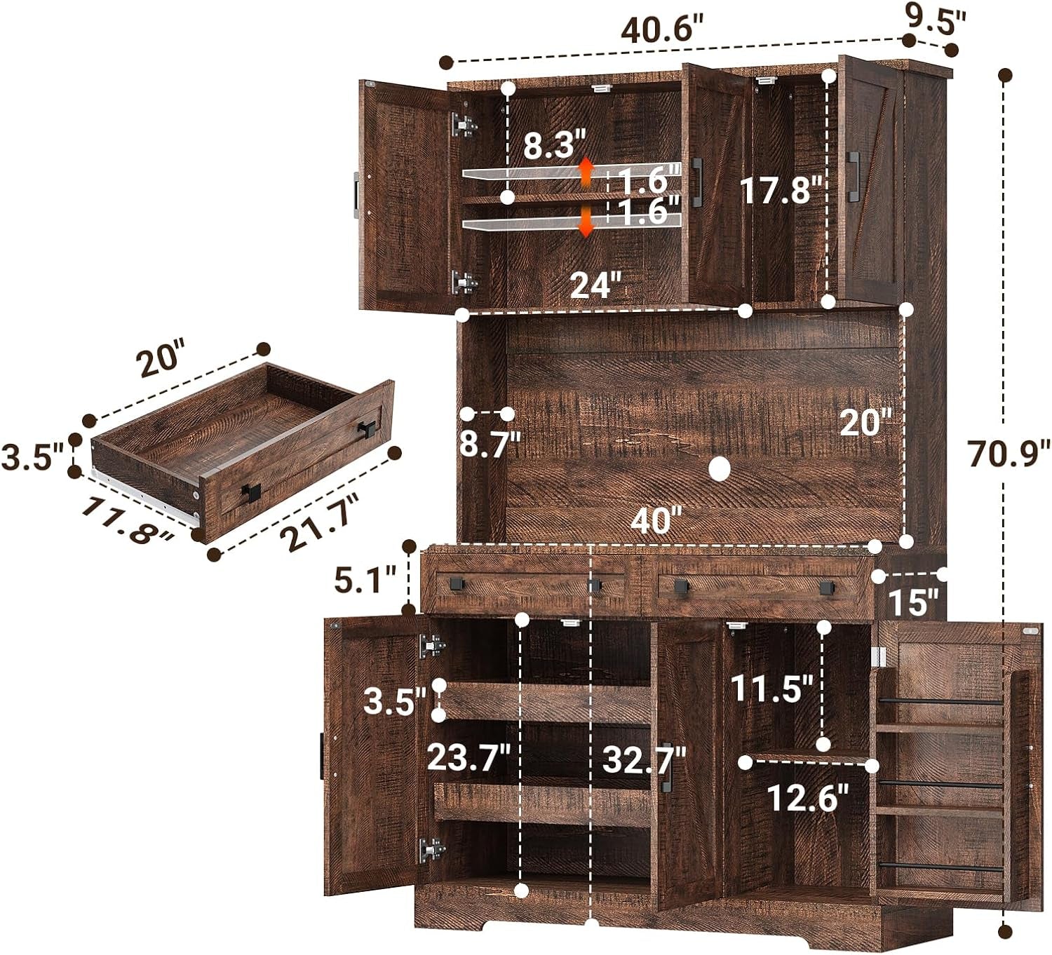 71" Tall Ktchen Pantry Cabinet with Charging Station & LED Lights, Farmhouse Kitchen Hutch Cabinet with Microwave Stand & Large Countertop for Dining Room Living Room, Brown