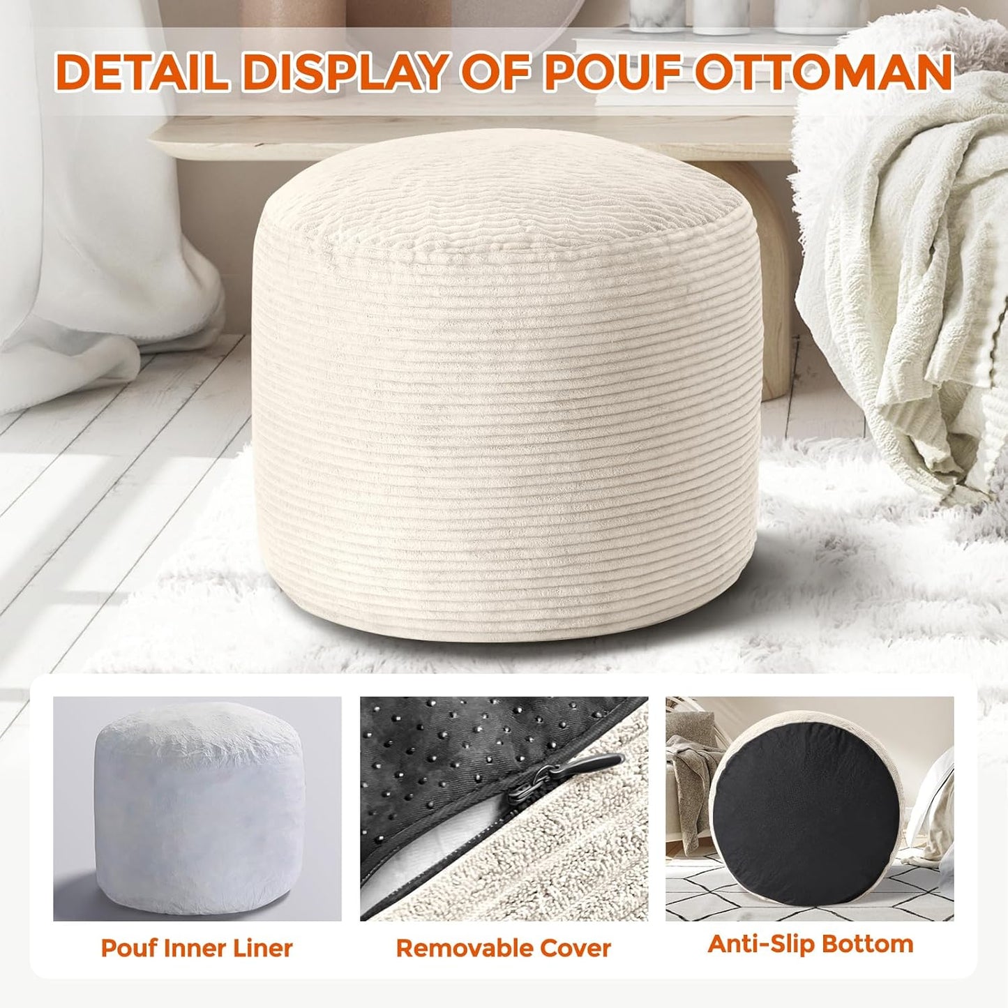 Pouf Ottoman Foot Rest, Comfortable & Soft, round Footstool for Living Room, Bedroom, Office, Room Decoration, Corduroy Foot Stool Pouf with Odorless & Anti-Clump Filling, Small Beige