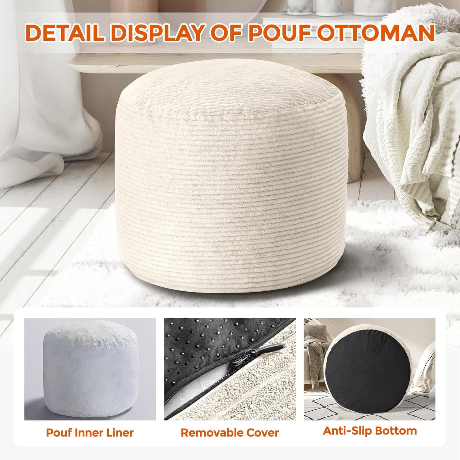 Pouf Ottoman Foot Rest, Comfortable & Soft, round Footstool for Living Room, Bedroom, Office, Room Decoration, Corduroy Foot Stool Pouf with Odorless & Anti-Clump Filling, Small Beige
