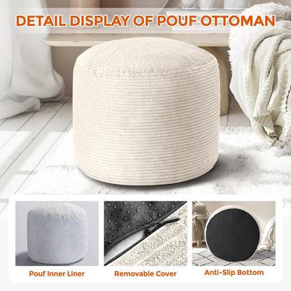 Pouf Ottoman Foot Rest, Comfortable & Soft, round Footstool for Living Room, Bedroom, Office, Room Decoration, Corduroy Foot Stool Pouf with Odorless & Anti-Clump Filling, Small Beige