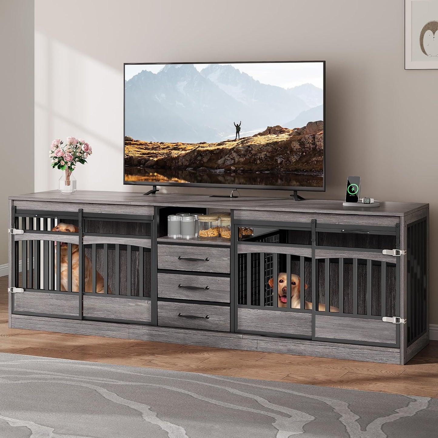 86.61 Inch Large Double Dog Crate Furniture with Storage Drawers & Shelf Farmhouse Dog Kennel TV Stand Indoor for 2 Medium Large Dogs Decorative Dog Cage with Sliding Door Power Outlets Grey