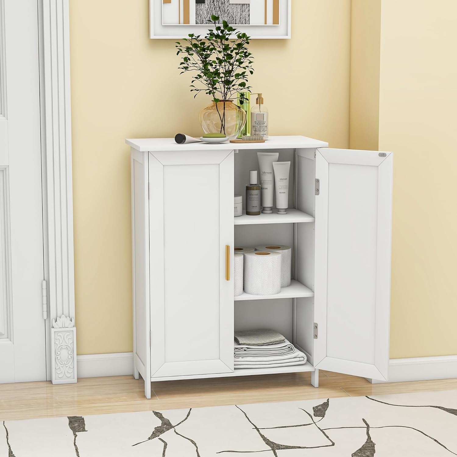 Bathroom Storage Floor Cabinet Freestanding Organizer with Adjustable Shelves for Bathroom Bedroom Laundry Room,4 Doors
