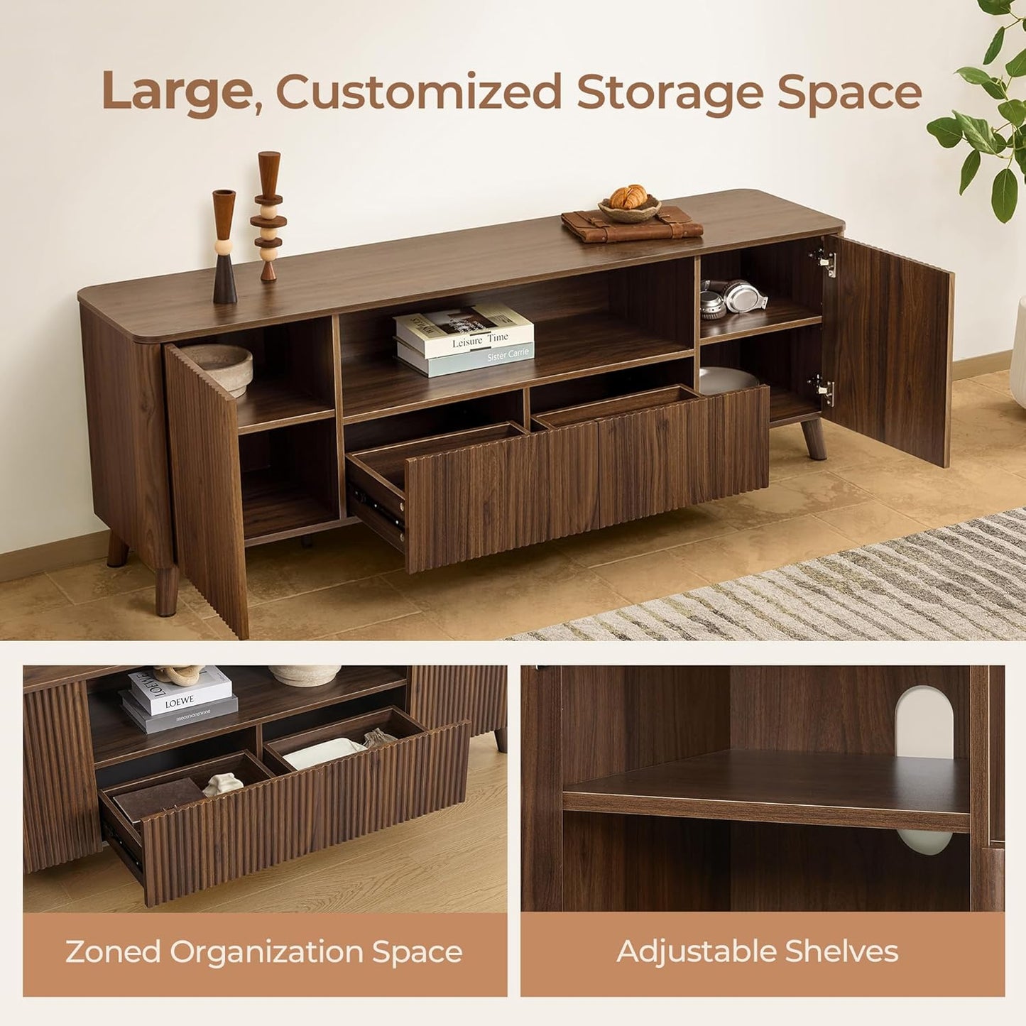 TV Stands for Living Room, Mid Century Modern TV Stand for 80 Inch TV with Storage, Drawers, Adjustable Shelves, Walnut