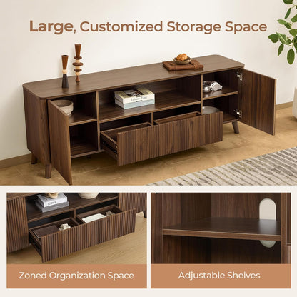 TV Stands for Living Room, Mid Century Modern TV Stand for 80 Inch TV with Storage, Drawers, Adjustable Shelves, Walnut