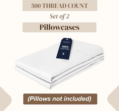 Pillowcases King Size Set of 2, Cool Touch Cotton Sateen Fabric, 500TC, Silky Smooth & Soft, Open End, White