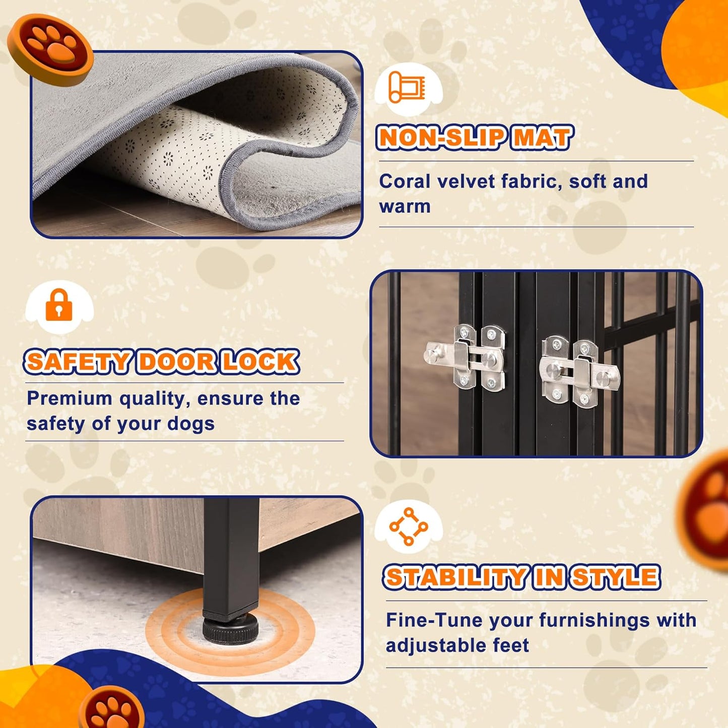 75'' Dog Crate Furniture Large Storage TV Stand with Dual Cushion / 4 Bowls/Double Rooms, Wooden Dog Kennel Dog Crate End Table with Removable Divider for Large Medium Dogs, Rustic Brown