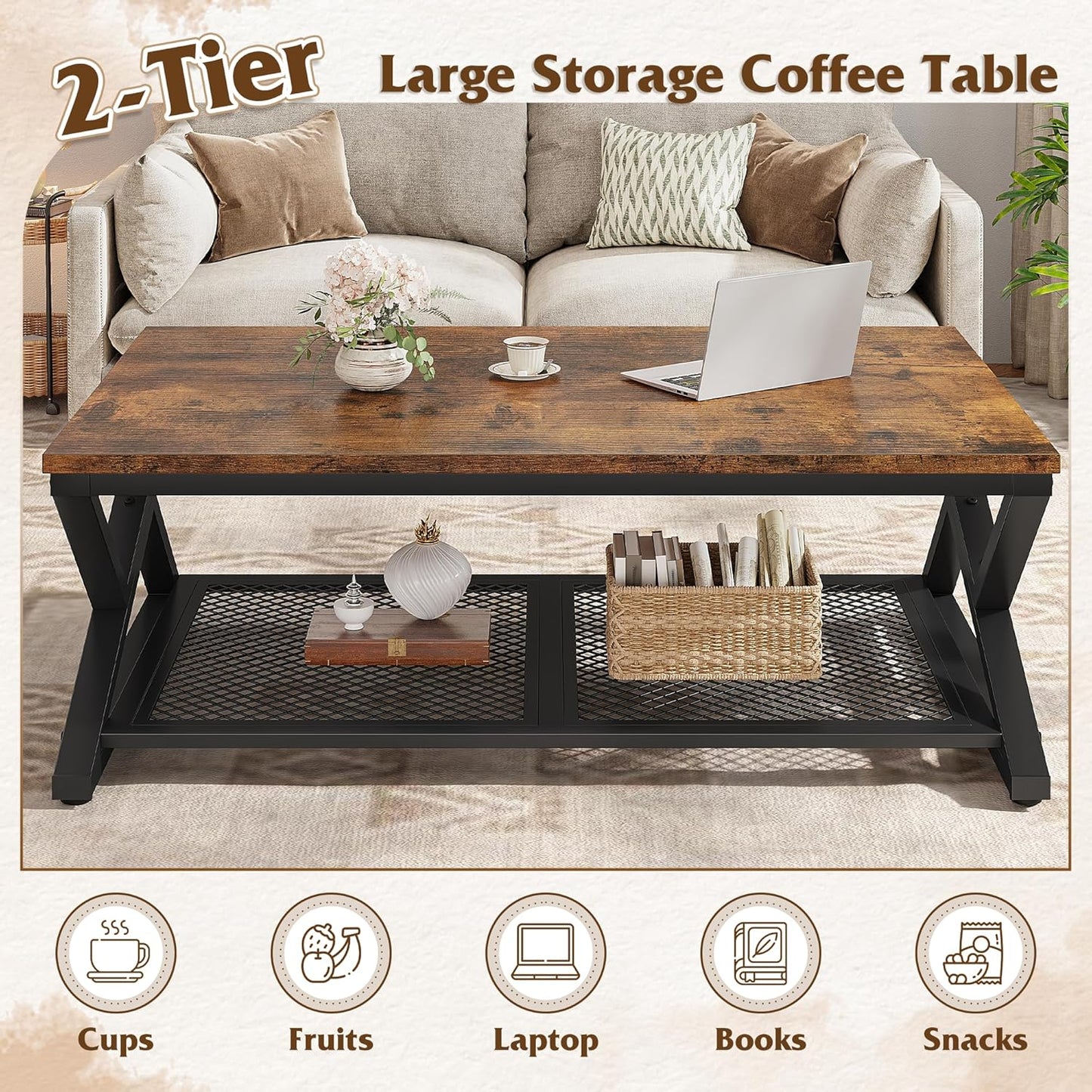 Coffee Table with Storage, Modern Coffee Tables for Living Room with Mesh Shelf, 2 Tier Rectangular Center Table for Living Room, Bedroom, 39.4 Inch, Rustic Brown