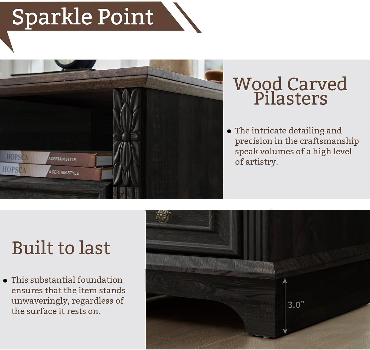 Farmhouse Nightstand Wtih Charging Station, 20" End Table with 2 Drawers, Night Stand Side Table Storage Cabinet with Carved Pilasters for Bedroom,Wood Rustic, Black