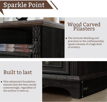 Farmhouse Nightstand Wtih Charging Station, 20" End Table with 2 Drawers, Night Stand Side Table Storage Cabinet with Carved Pilasters for Bedroom,Wood Rustic, Black