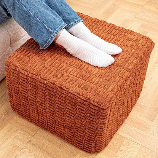 round Square Pouf Ottoman Foot Rest – Lightweight Modern Footstool with Plush Foam Filling, Perfect for Living Room Decor & Cozy Comfort – 20X20X14 Inch Chic Accent Piece (Burnt Orange)