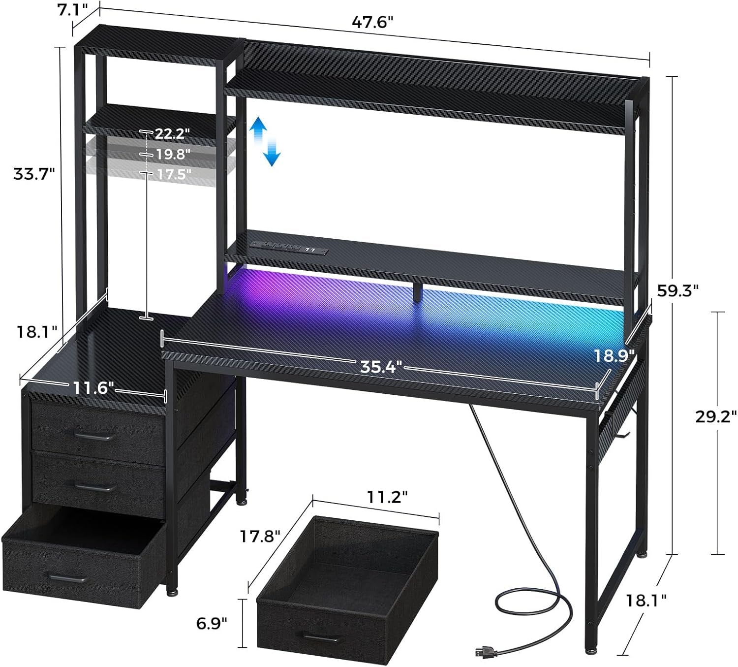 48 Inch Gaming Desk with Hutch & 3 Fabric Drawers, Computer Desk with USB Ports & LED Lights, Reversible Pc Gamer Table with Monitor Stand for Home Office, Carbon Fiber Black