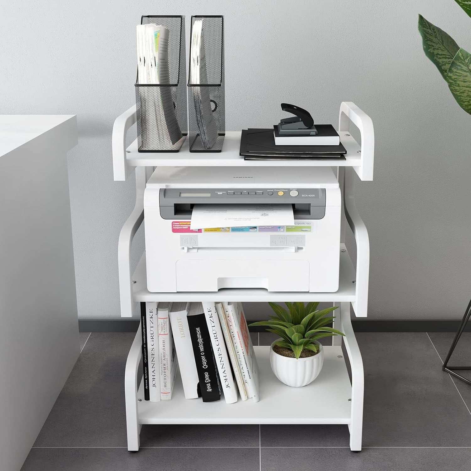 3-Tier Printer Stand with Wheels Movable Storage Cart Floor-Standing Multi-Purpose Shelf Rack for Media Player Scanner Files Books Microwave Oven in Kitchen Living Room Home Office (White)