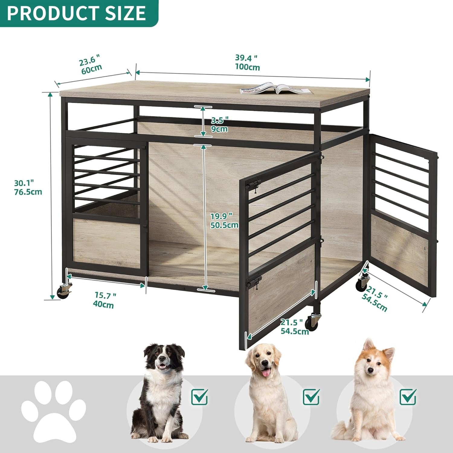 32" Dog Crate Furniture with Wheels, Farmhouse Decorative Wood Dog Cage End Table Chew-Resistant Wooden Dog Kennel Indoor for Small Dogs, Rustic Brown
