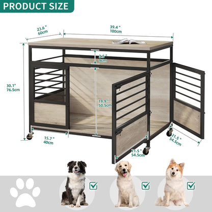 47 Inch Dog Crate End Table with Sliding Door, Heavy Duty Chew-Resistant Cage Furniture for Medium Large Dogs, Wooden Indoor Dog Kennel Furniture Decorative for Living Room, Black Walnut