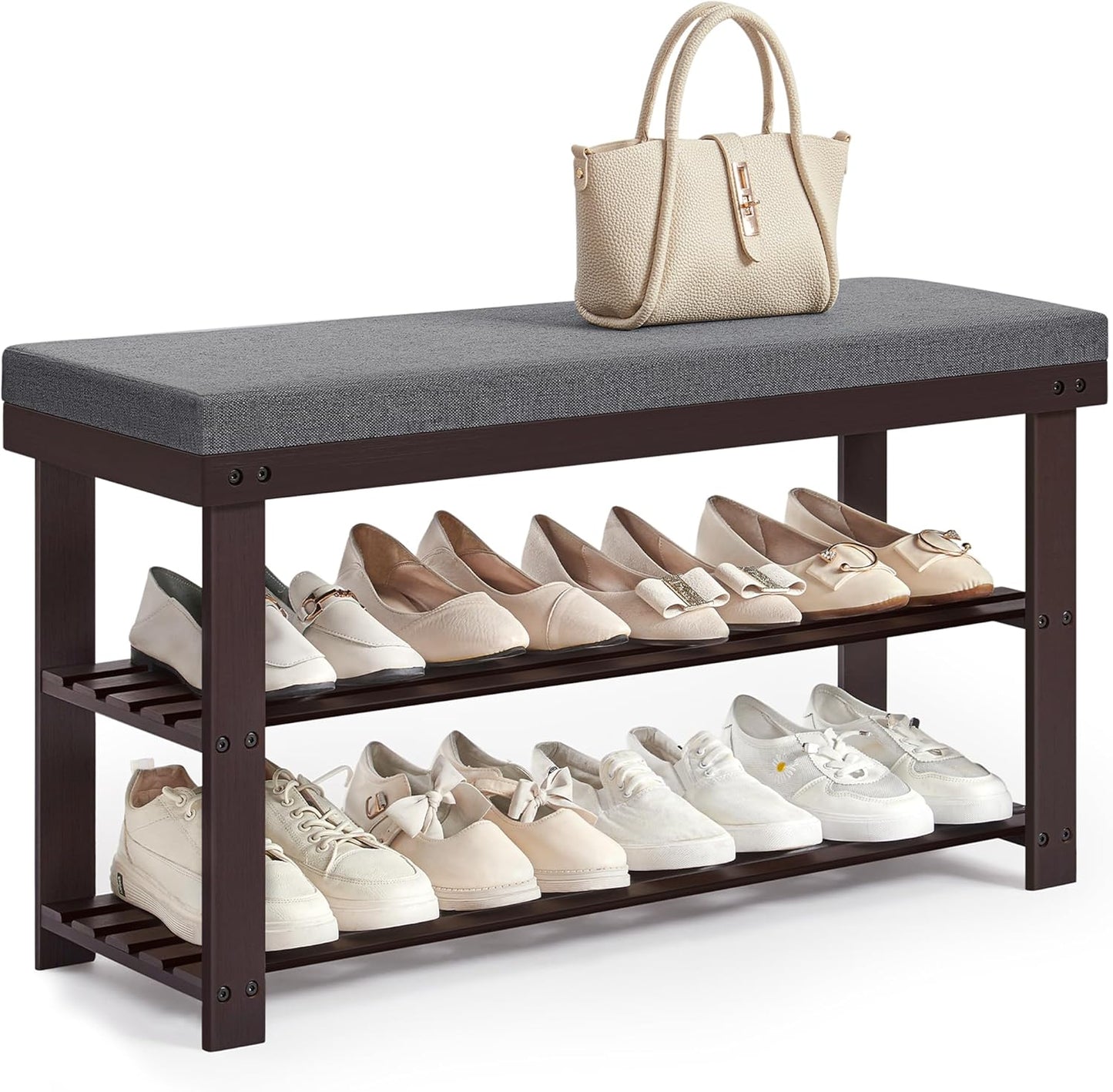 Bamboo Shoe Bench, 3-Tier Shoe Rack Organizer for Entryway, Living Room, Bench Seat Holds up to 300 Lb, 11.9 X 28.3 X 19.2 Inches, Rustic Walnut and Slate Gray ULBS604CG