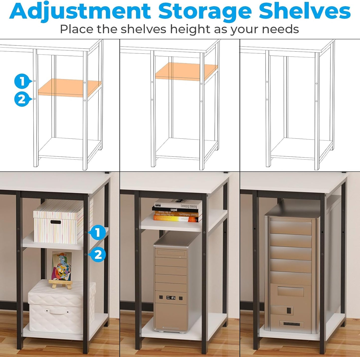 40 Inch Home Office Desk with Power Outlets, Small Computer Desk with Ergonomic Monitor Stand, Reversible Gaming Desk, Modern Study Desk, Laptop Desk, White